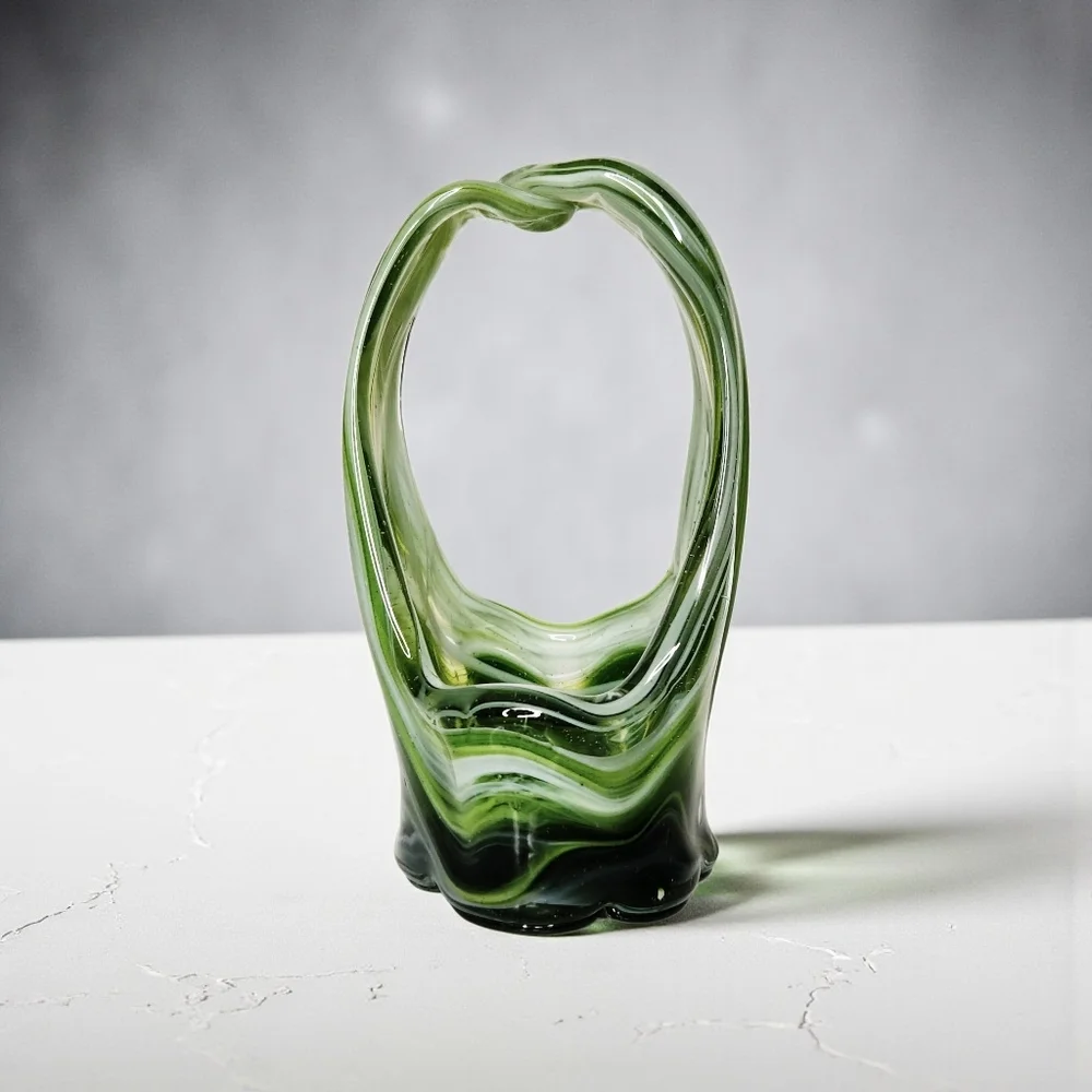 Vintage Hand Blown Stretch Art Glass Basket Vase Green White Swirls 5 1/2 Inches